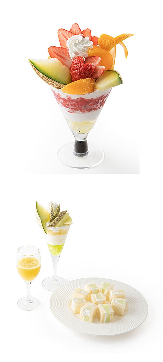上:季節の果実タカノセレクションパフェ～マスクメロン・苺・せとか～、下:マスクメロンのサンドウィッチ＆パフェ