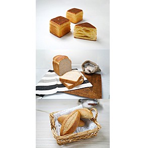 上:四角いミルフィーユデニッシュ、中:北海道産全粒粉の食パン1斤、下:北海道産全粒粉のロールパン