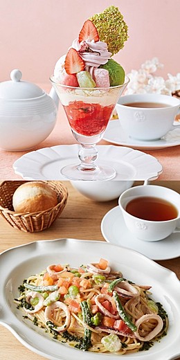 上：さくらと苺のパフェ　下：明太子とイカのジェノベーゼパスタ
