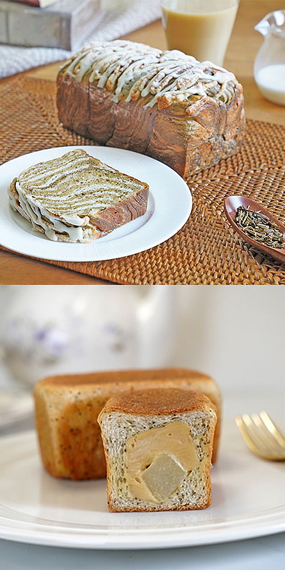 上:ほうじ茶ラテブレッド、下:紅茶と洋梨のクリームパン