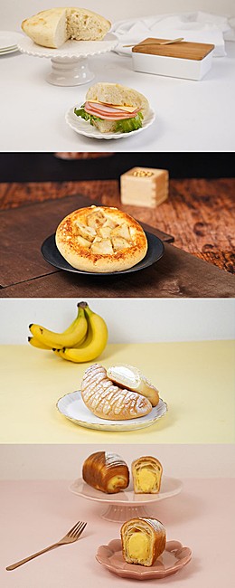 フォカッチャサンド(ハムチーズとオリーブオイル)、味噌ポテトぱん、バナナクリームぱん、ざっくりカスタードデニッシュ