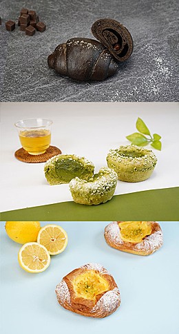 上:チョコ塩パン、中:抹茶カスタードパン、下:爽やかレモンデニッシュ
