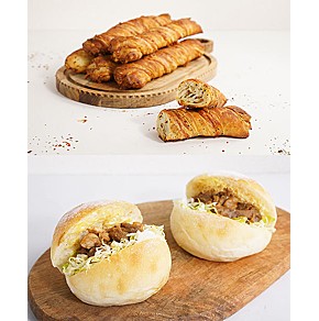 上:バゲット・フィユテ(ハーブ&チーズ)、下:炭火焼き牛カルビ