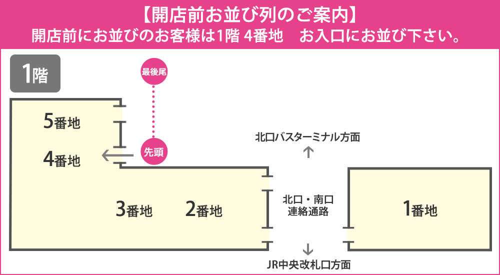 【開店前お並び列のご案内】 開店前にお並びのお客様は1階 4番地　お入口にお並び下さい。