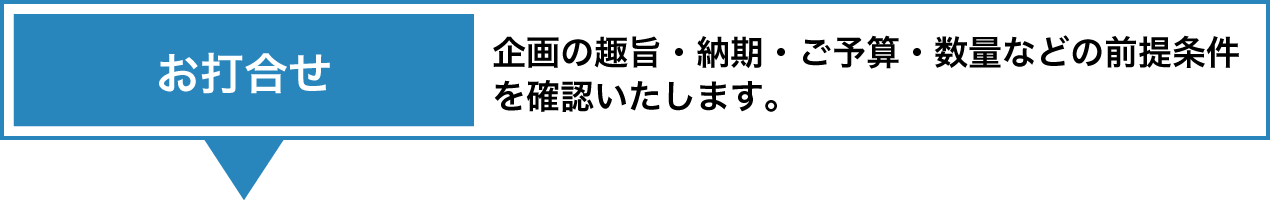 お打合せ 企画の趣旨・納期・ご予算・数量などの前提条件を確認いたします。