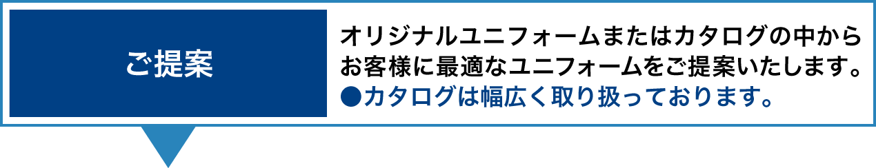 ご提案 オリジナルユニフォームまたはカタログの中からお客様に最適なユニフォームをご提案いたします。 ●カタログは幅広く取り扱っております。